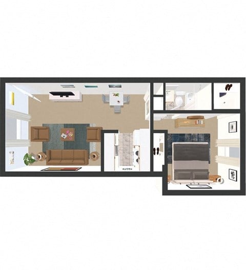 Floor plan for 1 bed, 1 bath, 603 sqft